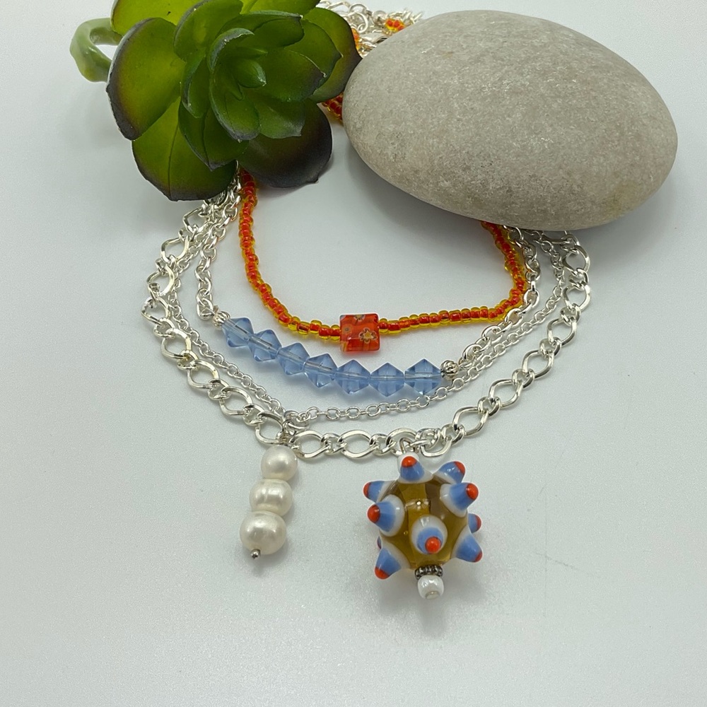 Colorful Layered Necklace Set, Handmade, Pearls, Art Glass Beads, Millefiori - Picture 8 of 8